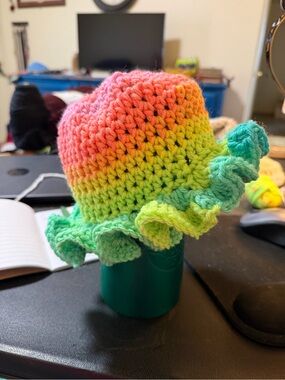 Handmade Crochet Kids Ruffle Sun Hat - Neon Rainbow Green Accent